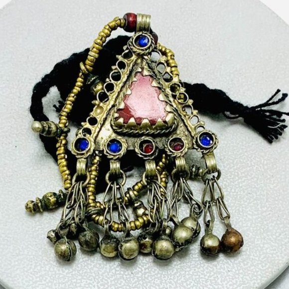 Vintage Triangular Amulet Style Pendant Necklace, Beaded Chain Necklace - Picture 13 of 13